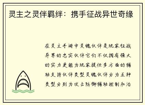 灵主之灵伴羁绊：携手征战异世奇缘