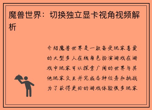 魔兽世界：切换独立显卡视角视频解析