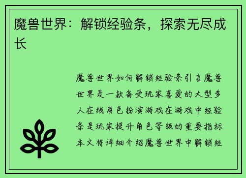 魔兽世界：解锁经验条，探索无尽成长